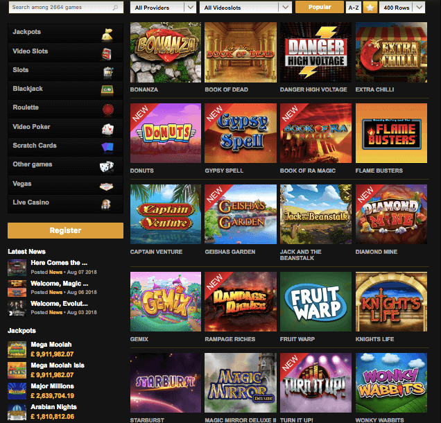 Videoslots Game Selection